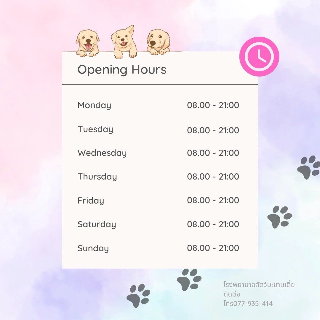 เวลาทำการ โรงพยาบาลสัตว์มะขามเตี้ย